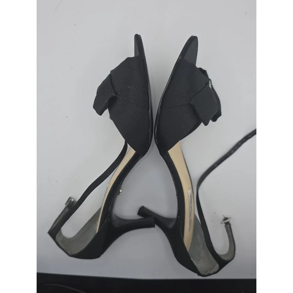 Nina Black Rhinestone Bow Ankle Strap Stiletto Heels Womens 9.5M Leather Sole